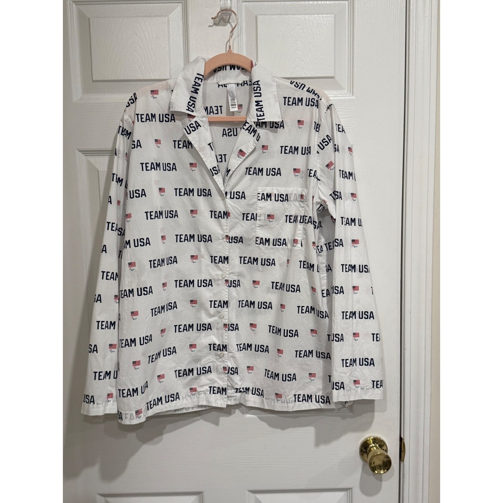 SKIMS Team USA White Cotton Poplin Sleep Top Button Down Pajama Shirt Medium